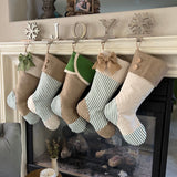 Christmas Stocking with Burlap and Green Ticking Accents - Green Burlap