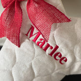 Quilted Dog Christmas Stocking with Personalized Name and Red Burlap Bow