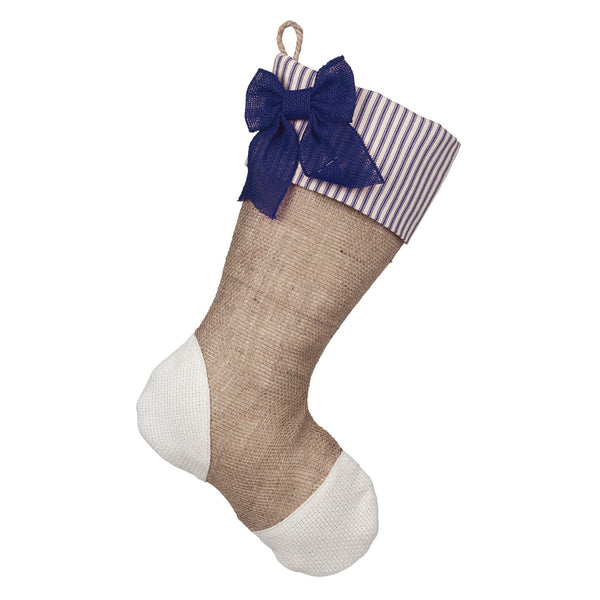 Christmas stocking with a blue bow on a white background