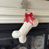 Quilted Dog Christmas Stocking with Personalized Name and Red Burlap Bow