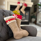 Burlap Christmas Stocking with Red Accents - Style V