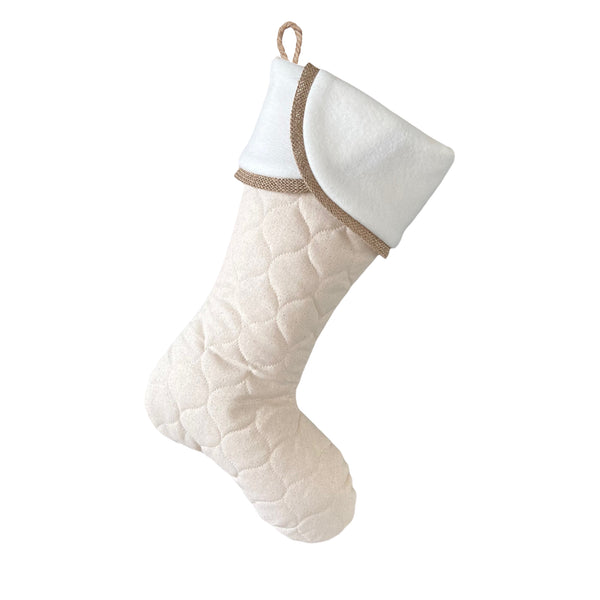 Beige quilted Christmas stocking, with scallop fleece cuff and natural burlap trim.
