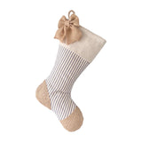 BurlapBabe Christmas stocking featuring blue ticking stripes, burlap heel, toe, and decorative bow with jute loop.