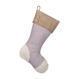 BurlapBabe Christmas stocking featuring blue ticking stripe fabric, burlap cuff with buttons, and jute hanging loop.