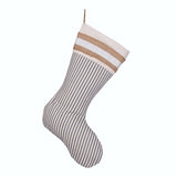 BurlapBabe farmhouse Christmas stocking featuring blue ticking stripe fabric, burlap trim, and a jute hanging loop.