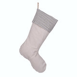 BurlapBabe Christmas stocking featuring cream muslin fabric with a blue ticking stripe cuff and jute hanging loop.