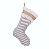 BurlapBabe farmhouse Christmas stocking with blue ticking stripe, cream muslin ruffle, and braided jute hanging loop.