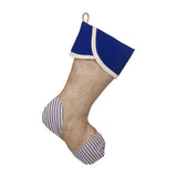 BurlapBabe Christmas stocking featuring natural burlap, blue ticking fabric accents, and a braided jute hanging loop.