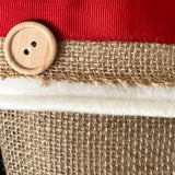 BurlapBabe Christmas stocking featuring natural burlap, ivory fleece cuff, red ribbon trim, and wooden button detail.