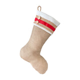 BurlapBabe burlap Christmas stocking with ivory fleece cuff, red ribbon trim, and two wooden button embellishments.
