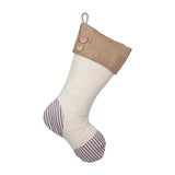 BurlapBabe Christmas stocking featuring a cream muslin body, burlap cuff with wooden buttons, and blue ticking heel.