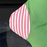 BurlapBabe Christmas stocking in green fabric with a red and white striped accent patch