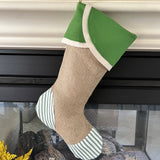 BurlapBabe Christmas stocking featuring green ticking fabric, natural burlap, and a braided jute hanging loop.