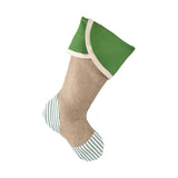 BurlapBabe Christmas stocking featuring natural burlap, green ticking stripe accents, and a solid green cuff.