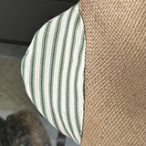 BurlapBabe Christmas stocking detail featuring rustic brown burlap and green striped ticking fabric patch