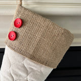 BurlapBabe quilted cotton Christmas stocking with natural burlap cuff and two red wood buttons.