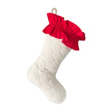 BurlapBabe quilted Christmas stocking in cream with a bright red cotton ruffle cuff and braided jute hanging loop.