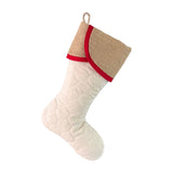 BurlapBabe quilted Christmas stocking with a natural burlap scallop cuff and red cotton trim, featuring a jute hanging loop.
