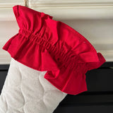 BurlapBabe quilted Christmas stocking with a bright red cotton ruffle cuff and rustic jute hanging loop