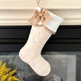 BurlapBabe quilted Christmas stocking with a white fleece scallop cuff and a rustic natural burlap bow.