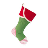 BurlapBabe red and green Christmas stocking with striped toe, off-white muslin lining, and braided jute hanging loop.