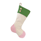 BurlapBabe red and green Christmas stocking with neutral fabric, wooden buttons, and a braided jute hanging loop.