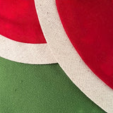 BurlapBabe red and green Christmas stocking featuring textured neutral fabric trim and layered design