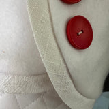 BurlapBabe white quilted Christmas stocking with fleece cuff, white trim, and two decorative red wooden buttons.