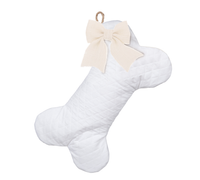 White Diamond Quilted Dog Bone Stocking with Ivory Burlap Bow