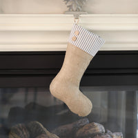 Burlap Stocking with Blue Ticking - Farmhouse Christmas Stocking - Style A