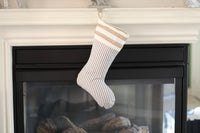 Burlap Stocking with Blue Ticking - Farmhouse Christmas Stocking - Style B