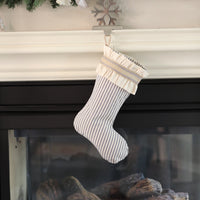 Burlap Stocking with Blue Ticking - Farmhouse Christmas Stocking - Style D