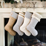 Burlap Stocking with Blue Ticking - Farmhouse Christmas Stocking - Style B