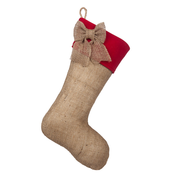 Burlap Christmas Stocking with Red Accents - Style A