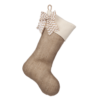 Classic Burlap Stocking - Burlap w/ Monk's Cloth Traditional Cuff & White Chevron Burlap Bow