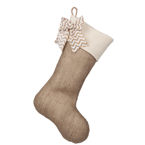 Classic Burlap Stocking - Burlap w/ Monk's Cloth Traditional Cuff & White Chevron Burlap Bow