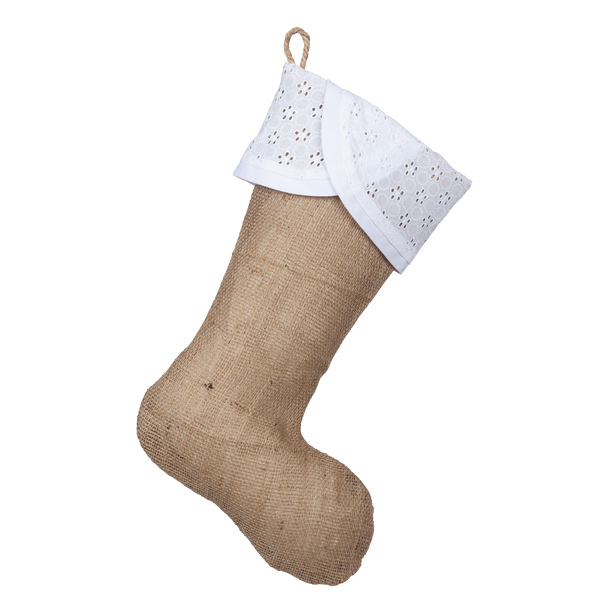 Classic Burlap Stocking - Burlap with Scallop White Eyelet Cuff