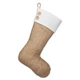 A Classic Burlap Stocking with an ivory fleece cuff and two wooden buttons, fully lined and ready to hang.