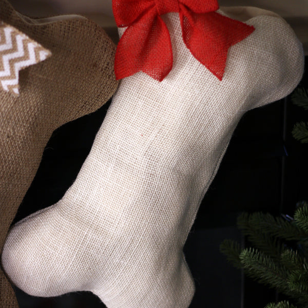 Ivory Burlap Dog Bone Christmas Stocking