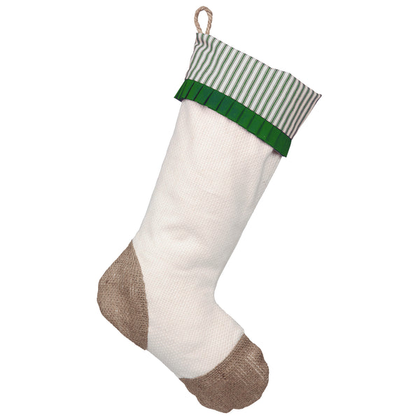 Christmas Stocking with Burlap and Green Ticking Accents