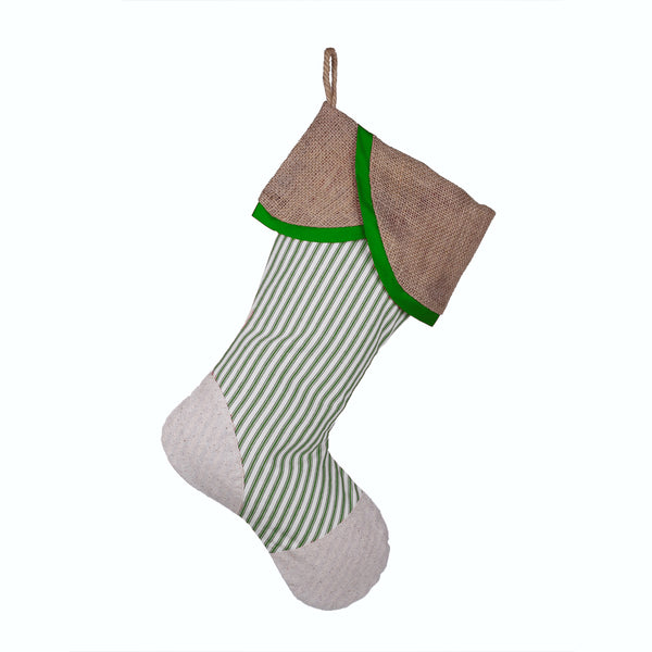 Christmas Stocking with Burlap and Green Ticking Accents