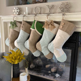 Christmas Stocking with Burlap and Green Ticking Accents