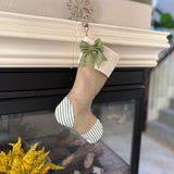 Christmas Stocking with Burlap and Green Ticking Accents - Green Burlap