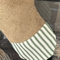 Green Ticking and Burlap Christmas Stocking -