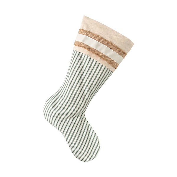 Burlap Stocking with Green Ticking - Farmhouse Christmas Stocking - Style B