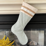 Burlap Stocking with Green Ticking - Farmhouse Christmas Stocking - Style B