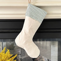 Burlap Stocking with Green Ticking - Farmhouse Christmas Stocking - Style C