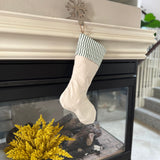 Burlap Stocking with Green Ticking - Farmhouse Christmas Stocking - Style C