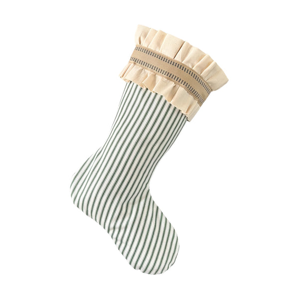 Burlap Stocking with Green Ticking - Farmhouse Christmas Stocking - Style D