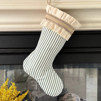 Burlap Stocking with Green Ticking - Farmhouse Christmas Stocking - Style D